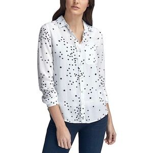 Beachlunchlounge Black and White Star Print Button Front Blouse Shirt Large